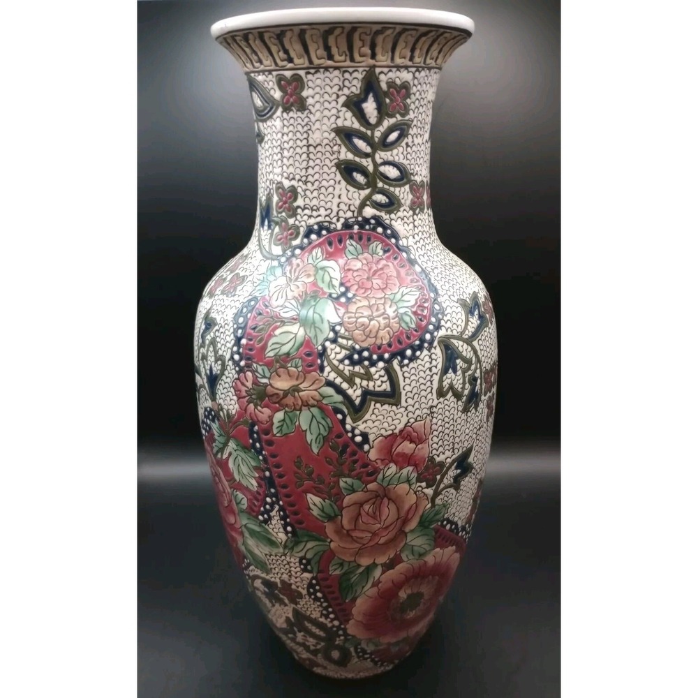 Vintage Tall Textured Porcelain Chinese Vase Hand Painted Raised Flowers 12in